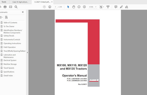 Discover the essential CASE IH Tractor Operator’s Manual for models MX100, MX110, MX120, and MX135. This comprehensive PDF file, identified by part numbers JJA0108301 and JJE0966253, is designed to provide you with all the information you need to operate