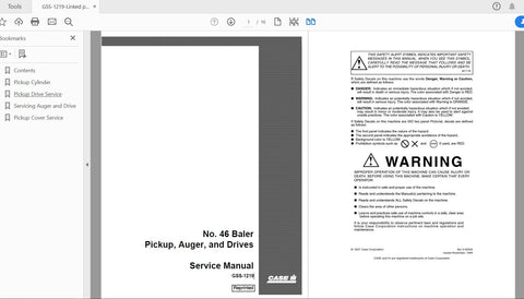 Discover the essential CASE IH Tractor No. 46 Baler Pickup, Auger, and Drives Service Manual (GSS-1219) in a convenient
