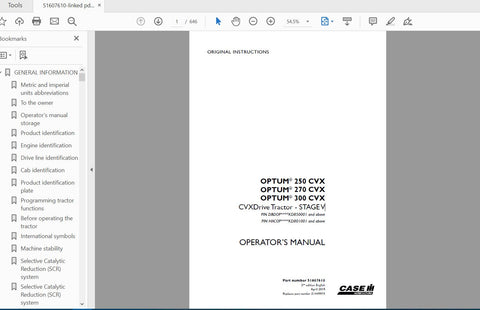 Discover the essential CASE IH Tractor Optum 250, 270, 300 CVX CVXDrive Stage V Operator’s Manual, available in a convenient PDF format. This comprehensive guide is designed to enhance your understanding and operation of these powerful tractors, ensuring