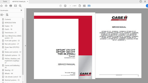 Unlock the full potential of your CASE IH OPTUM 270 and 300 CVT tractors with the comprehensive Service Manual (48193162). This PDF file is an essential resource for any operator