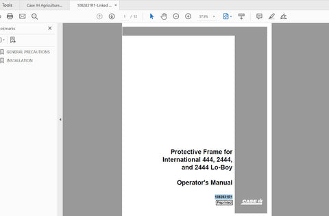 CASE IH TRACTOR PROTECTIVE FRAME FOR INTL 444,2444,2444 LO BOY 1082831R1 OPERATOR’S MANUAL - PDF FILE
