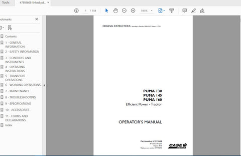 Discover the ultimate resource for your CASE IH Tractor Puma 130, 145, and 160 with the Efficient Power Operator’s Manual (PDF file). This comprehensive guide is designed to enhance your understanding of your tractor's features, ensuring you maximize its performance 