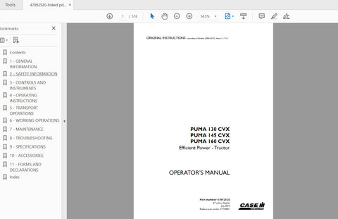 CASE IH TRACTOR PUMA 130 CVX,145 CVX, 160 CVX EFFICIENT POWER 47892520 OPERATOR’S MANUAL - PDF FILE