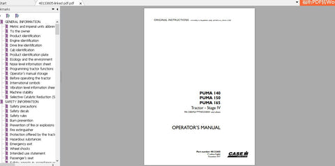 Discover the essential CASE IH Tractor Puma 140, 150, and 165 Operator’s Manual, designed specifically for Stage IV models. This comprehensive PDF file provides you with all the necessary information to operate and maintain your tractor efficiently, ensuring optimal performance and longevity.