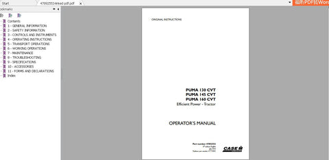 Unlock the full potential of your CASE IH Tractor Puma 165, 145, and 160 with the comprehensive Operator’s Manual (PDF file). This essential guide is designed to enhance your understanding of the tractor's efficient power features, ensuring you 