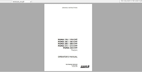 Discover the essential CASE IH Tractor Puma Operator’s Manual, designed specifically for models 170, 185, 200, 215, and 230 CVT. This comprehensive PDF file provides you with all the information you need to operate and maintain your tractor efficiently, ensuring optimal