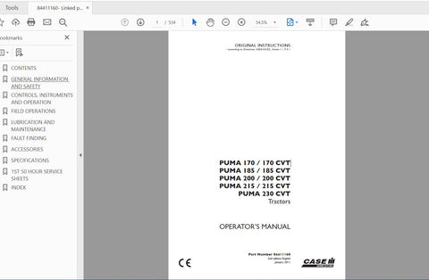 Discover the ultimate resource for your CASE IH Tractor Puma series with the comprehensive Operator’s Manual in PDF format. Designed specifically for models 170, 185, 200, 215, and 230 CVT, this manual provides essential information to help you operate