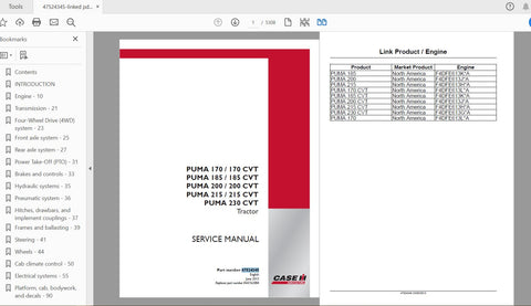 Discover the ultimate resource for your CASE IH Tractor with the Puma 170, 185, 200, 215, and 230 CVT Service Manual (Part Number: 47524345). This comprehensive PDF file is designed to provide you with detailed insights and step-by-step instructions