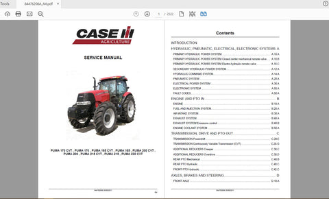 Unlock the full potential of your CASE IH PUMA tractor with the comprehensive service manual for models 170, 185, 200, 215, and 230 CVT. This PDF file, catalog number 84476208A