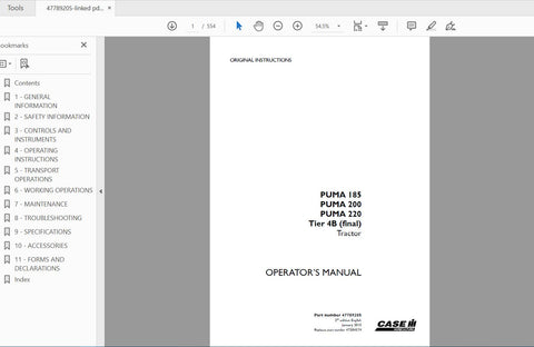 Discover the essential CASE IH Tractor Operator’s Manual for the Puma 185, Puma 200, and Puma 220 Tier 4B (Final) models. This comprehensive PDF file is designed to provide you with all the necessary information to operate and maintain your tractor efficiently. With clear instructions and detailed diagrams, you can ensure optimal performance