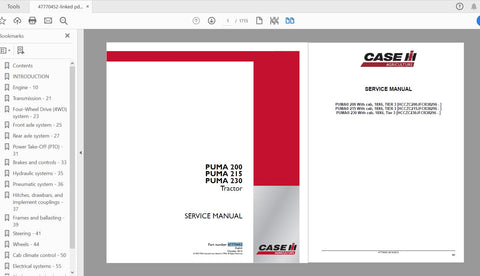 Discover the ultimate resource for your CASE IH Tractor Puma 200, Puma 215, and Puma 230 with the comprehensive Service Manual (47770452) in PDF format. This essential guide is designed to provide you with detailed information on maintenance, troubleshooting