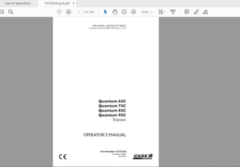 Discover the essential CASE IH Tractor Quantum 65C, 75C, 85C, and 95C Operator’s Manual, available in a convenient PDF format. This comprehensive guide is designed to enhance your understanding of your tractor's features, ensuring you get the