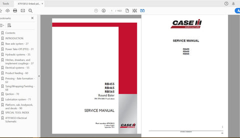 Enhance your maintenance routine with the CASE IH TRACTOR RB455, RB465, RB565 ROUND BALER SERVICE MANUAL (Part No. 47915812). This comprehensive PDF file is designed to