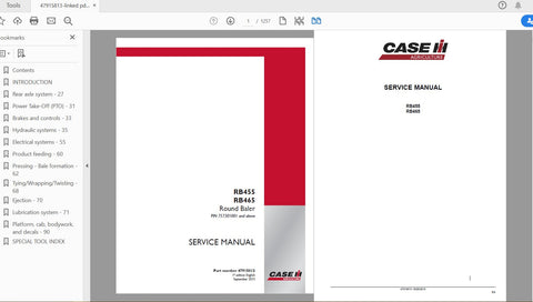 Enhance your maintenance capabilities with the CASE IH TRACTOR RB455 and RB465 Round Baler Service Manual (Part No. 47915813). This comprehensive PDF file is designed to provide you with detailed insights and step-by-step instructions