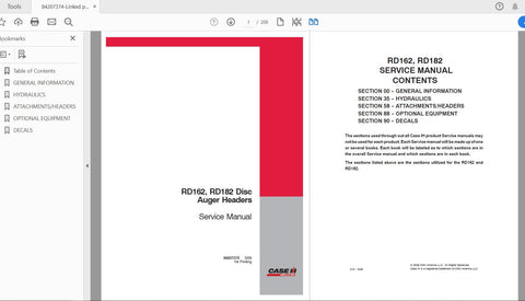 Enhance your farming efficiency with the CASE IH Tractor RD162 and RD182 Disc Auger Headers Service Manual (84207374). This comprehensive PDF file is designed to provide you with