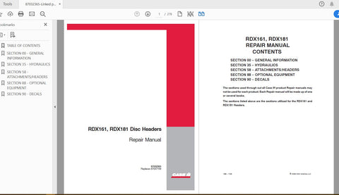 Discover the ultimate resource for your CASE IH RDX161 and RDX181 Disc Header with the comprehensive service manual (part number 87032365) available in PDF format.