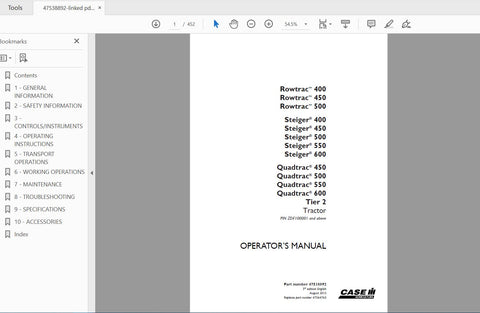 Enhance your operational efficiency with the CASE IH Tractor Rowtrac 400-500 and Steiger 400-600 Quadtrac 450-600 Tier 2 Operator’s Manual. This comprehensive PDF file is designed to provide you with essential information and guidance for optimal