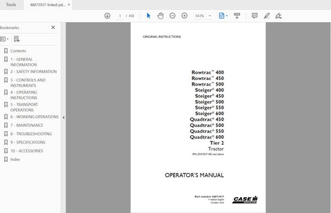 Discover the essential CASE IH Tractor Operator’s Manual for Rowtrac and Steiger models 400, 450, 500, and Quadtrac models 450, 500, 550, and 600. This comprehensive PDF file is designed to provide you with all the necessary information to operate and maintain your equipment efficiently. With detailed instructions and specifications