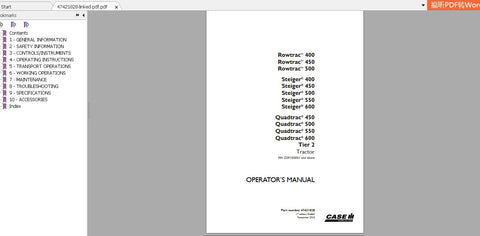 Discover the essential CASE IH Tractor Rowtrac Steiger Operator’s Manual, designed specifically for models 400, 450, 500, 550, and 600 Tier 2. This comprehensive PDF file serves as your go-to resource for maximizing the performance and longevity
