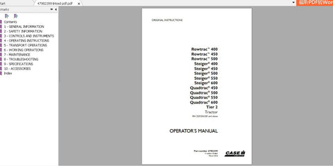 Discover the essential CASE IH Tractor Rowtrac Steiger Operator’s Manual, designed specifically for models 400, 450, 500, 550, and 600 Tier 2. This comprehensive PDF file serves as your go-to resource for maximizing the performance and longevity