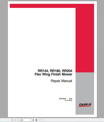 Discover the ultimate solution for maintaining your CASE IH Tractor RR144, RR180, and RR204 with our comprehensive Flex Wing Finish Mower Repair Manual (Part No. 87757972