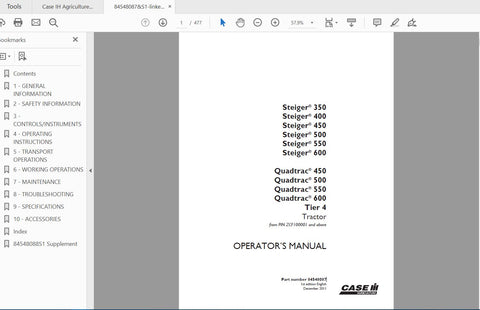 Discover the essential CASE IH Tractor Operator’s Manual for models Steiger 350, 400, 450, 450QT, 500QT, 550QT, and 600QT. This comprehensive PDF file is designed to provide you with all the information you need to operate and maintain your tractor efficiently