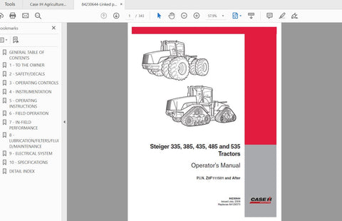 Discover the essential CASE IH Tractor Steiger Operator’s Manual, designed specifically for models 335, 385, 435, 485, and 535. This comprehensive PDF file provides you with detailed information and guidance to maximize the performance and longevity of your tractor. With easy navigation and clear instructions, you can quickly