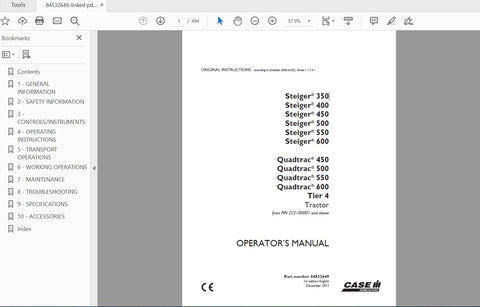 Discover the ultimate resource for your CASE IH Steiger series tractors with the Operator’s Manual for models 350, 400, 450, 500, 550, 600, and Quadtrac 450, 500, 550, 600 Tier 4. This comprehensive PDF file is designed to provide you with all the essential information