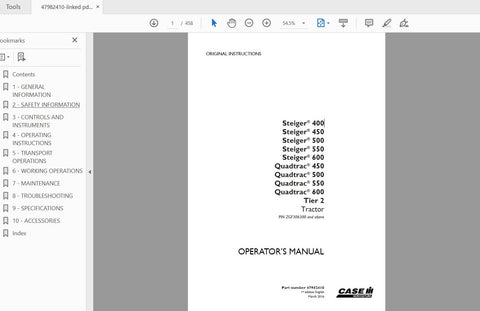 Discover the essential CASE IH Tractor Operator’s Manual for models Steiger 400, 450, 500, 550, 600, and Quatrac 450, 500, 550, 600 Tier 2. This comprehensive PDF file is designed to provide you with all the necessary information to operate and maintain your tractor efficiently. With detailed instructions and specifications