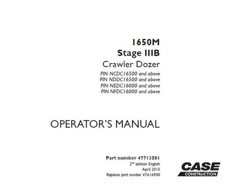 Discover the essential CASE 1650M Stage IIIB Crawler Dozer Operator’s Manual, designed to enhance your operational efficiency and ensure optimal performance. This comprehensive PDF file serves as a vital resource for both new and experienced operators, providing detailed instructions and insights into the dozer's features and functionalities.