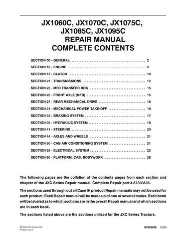 Unlock the full potential of your CASE JX1060C, JX1070C, JX1075C, JX1085C, and JX1095C with the comprehensive Repair Manual (PDF file 87393638). This essential guide provides detailed instructions, diagrams, and troubleshooting tips to ensure your equipment runs smoothly and efficiently. Whether you're a seasoned technician or a DIY enthusiast, this manual is your go-to resource for maintenance and repairs, helping you save time and money while keeping your machinery in top condition. Don't miss out on the 