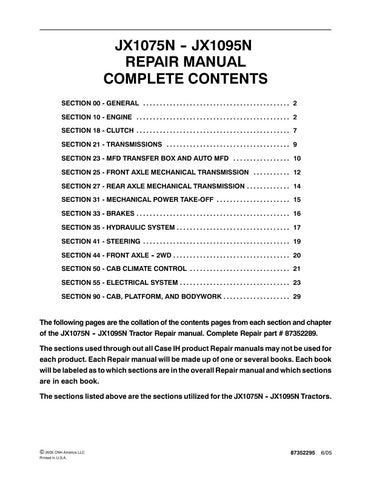 Unlock the full potential of your CASE JX1075N-JX1095N tractor with the comprehensive repair manual (part number 87352295) available in a convenient PDF format. This essential guide provides detailed instructions, diagrams, and troubleshooting tips to help you maintain and repair your tractor efficiently. Whether you're a seasoned mechanic or a DIY enthusiast, this manual ensures you have the knowledge and resources needed to keep your equipment running smoothly, saving you time and money on repairs. Don't 