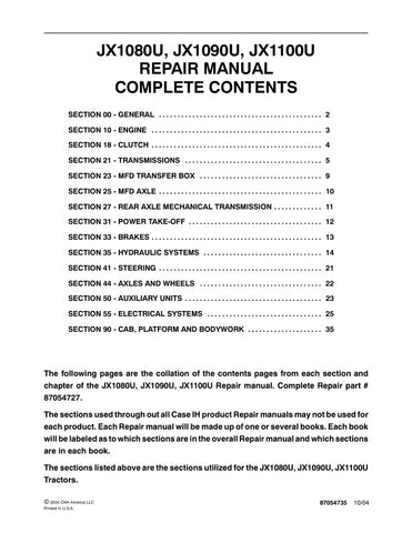 Unlock the full potential of your CASE JX1080U, JX1090U, and JX1100U tractors with the comprehensive repair manual (part number 87054735) available in a convenient PDF format. This essential guide provides detailed instructions, diagrams, and troubleshooting tips to help you maintain and repair your equipment efficiently. Whether you're a seasoned mechanic or a DIY enthusiast, this manual ensures you have the knowledge and resources to keep your tractor running smoothly, saving you time and money on repairs