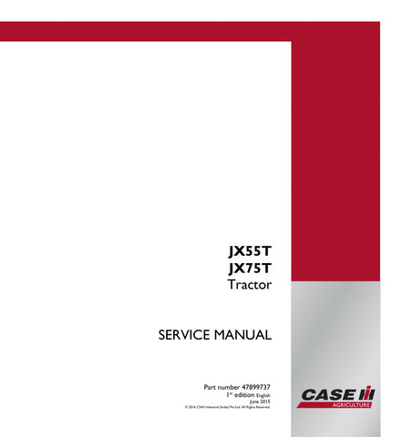Unlock the full potential of your CASE JX55T and JX75T tractors with the comprehensive Service Manual (PDF file 47899737). This essential guide provides detailed instructions, troubleshooting tips, and maintenance procedures to keep your equipment running smoothly. With easy navigation and clear diagrams, you'll save time and money on repairs while ensuring optimal performance. Invest in this invaluable resource today and enhance the longevity of your tractor.