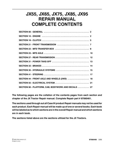 Unlock the full potential of your CASE JX series tractors with the comprehensive Repair Manual (Part Number: 87060406) available in a convenient PDF format. This essential guide covers models JX55, JX65, JX75, JX85, and JX95, providing detailed instructions for maintenance, troubleshooting, and repairs. With clear diagrams and step-by-step procedures, you'll save time and money while ensuring your equipment runs smoothly and efficiently. Don't let minor issues turn into major problems equip yourself with th