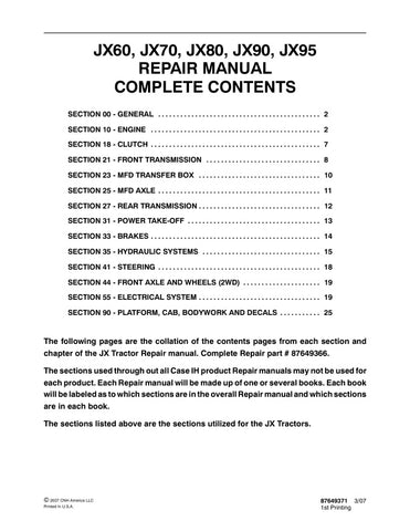 Unlock the full potential of your CASE JX series tractors with the comprehensive Repair Manual (Part Number: 87649371) available in a convenient PDF format. This essential guide covers models JX60, JX70, JX80, JX90, and JX95, providing detailed instructions for maintenance, troubleshooting, and repairs. With clear diagrams and step-by-step procedures, you can confidently tackle any issue, ensuring your tractor operates at peak performance. Invest in this invaluable resource today and keep your equipment run
