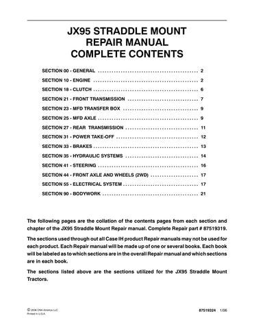 Unlock the full potential of your CASE JX95 Straddle Mount Tractor with the comprehensive Repair Manual (Part Number: 87519324) in PDF format. This essential guide provides detailed instructions, diagrams, and troubleshooting tips to help you maintain and repair your tractor efficiently. Whether you're a seasoned mechanic or a DIY enthusiast, this manual ensures you have the knowledge and resources to keep your equipment running smoothly, saving you time and money on repairs. Download your copy today and ta