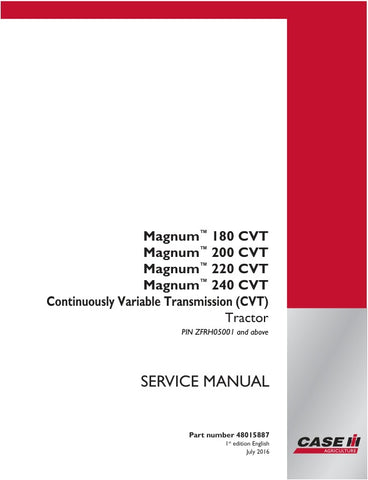 Unlock the full potential of your CASE MAGNUM 180 CVT, 200 CVT, 220 CVT, and 240 CVT tractors with the comprehensive service manual (48015887) in PDF format. This essential guide provides detailed instructions, diagrams, and troubleshooting tips to ensure your tractor operates at peak performance. Whether you're a seasoned mechanic or a DIY enthusiast, this manual is designed to simplify maintenance and repairs, saving you time and money. Invest in your equipment's longevity and efficiency today!