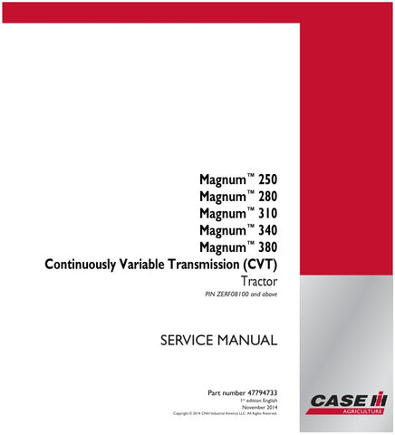 Unlock the full potential of your CASE MAGNUM 250, 280, 310, 340, and 380 (CVT) tractor with the comprehensive service manual (part number 47794733) in PDF format. This essential guide provides detailed instructions, diagrams, and troubleshooting tips to ensure your tractor operates at peak performance. Whether you're a seasoned mechanic or a DIY enthusiast, this manual is your go-to resource for maintenance and repairs, helping you save time and money while keeping your equipment in top shape. Don't miss o