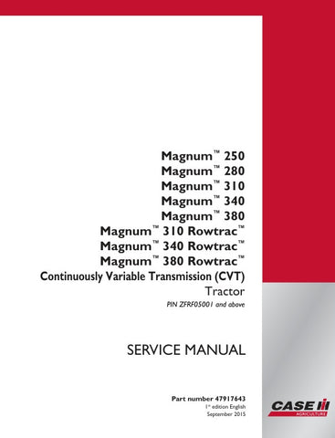  Enhance your maintenance routine with the CASE MAGNUM 250, 280, 310, 340, 380 ROWTRAC (CVT) Service Manual (PDF File) - part number 47917643. This comprehensive guide provides detailed instructions and diagrams to ensure your equipment operates at peak performance. With easy navigation and clear information, you can quickly troubleshoot issues and perform essential repairs, saving you time and money. Invest in this essential resource to keep your machinery running smoothly and efficiently.