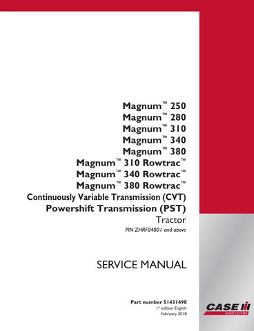 Enhance your CASE MAGNUM Rowtrac experience with the comprehensive Service Manual (51431498) for models 250, 280, 310, 340, and 380. This PDF file is an essential resource for maintenance and troubleshooting, providing detailed diagrams, step-by-step instructions, and expert tips to keep your equipment running smoothly. Invest in this manual to ensure optimal performance and longevity of your machinery, making it a must-have for any serious operator or technician.
