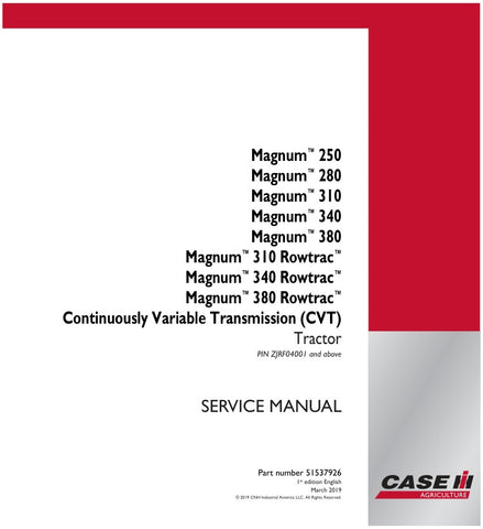 Unlock the full potential of your CASE MAGNUM 250, 280, 310, 340, and 380 ROWTRAC (CVT) tractor with the comprehensive service manual (part number 51537926) in PDF format. This essential guide provides detailed instructions, diagrams, and troubleshooting tips to ensure your tractor operates at peak performance. Whether you're performing routine maintenance or tackling complex repairs, this manual is your go-to resource for maximizing efficiency and longevity. Invest in your equipment's reliability and keep 
