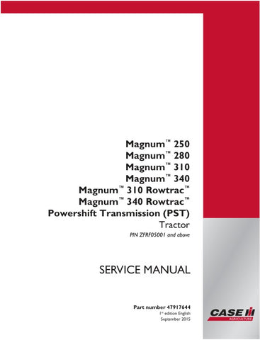 Unlock the full potential of your CASE MAGNUM 250, 280, 310, and 340 ROWTRAC (PST) tractor with the comprehensive service manual (part number 47917644) in PDF format. This essential guide provides detailed instructions, diagrams, and troubleshooting tips to ensure your tractor operates at peak performance. Whether you're a seasoned mechanic or a DIY enthusiast, this manual is designed to help you maintain and repair your equipment with confidence, saving you time and money. Don't miss out on the opportunity