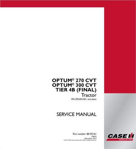  Enhance your maintenance routine with the CASE OPTUM 270, 300 CVT (TIER 4B FINAL) Tractor Service Manual (48193161) in PDF format. This comprehensive guide provides detailed instructions, diagrams, and troubleshooting tips to ensure your tractor operates at peak performance. With easy navigation and instant access, you can quickly find the information you need to keep your equipment running smoothly. Invest in this essential resource to save time and reduce downtime, making your farming operations more eff