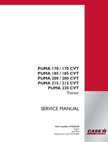 Unlock the full potential of your CASE PUMA 170, 185, 200, 215, and 230 CVT tractors with the comprehensive service manual (part number 47524345) available in PDF format. This essential guide provides detailed instructions, diagrams, and troubleshooting tips to ensure your tractor operates at peak performance. Whether you're a seasoned mechanic or a DIY enthusiast, this manual is designed to simplify maintenance and repairs, saving you time and money. Invest in your equipment's longevity and efficiency toda