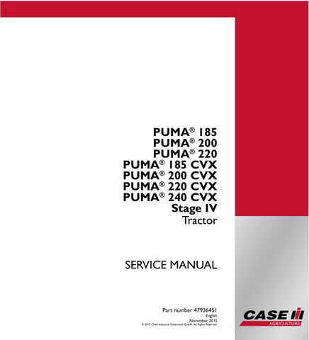 Enhance your tractor maintenance with the CASE PUMA 185, 200, 220, 240 CVX (STAGE IV) Tractor Service Manual (PDF File) - part number 47936451. This comprehensive digital manual provides detailed instructions, diagrams, and troubleshooting tips to ensure your tractor operates at peak performance. With easy navigation and instant access, you can quickly find the information you need to keep your equipment running smoothly. Invest in this essential resource today and empower yourself with the knowledge to tac