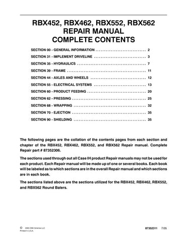 Unlock the full potential of your CASE RBX452, RBX462, RBX552, and RBX562 equipment with the comprehensive Repair Manual (Part Number: 87352311) in PDF format. This essential guide provides detailed instructions, diagrams, and troubleshooting tips to ensure your machinery operates at peak performance. Whether you're a seasoned technician or a DIY enthusiast, this manual is designed to simplify repairs and maintenance, saving you time and money. Don't let minor issues slow you down download your copy today a