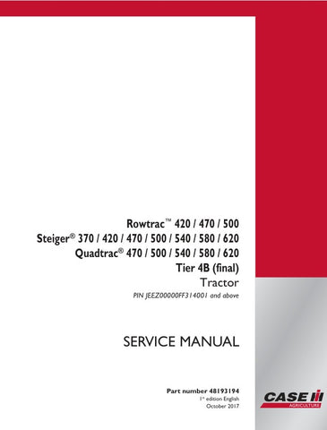 Introducing the CASE ROWTRAC and QUADTRAC Tier 4B (Final) Tractor Service Manual (48193194) in PDF format, your essential resource for maintaining and servicing your CASE equipment. This comprehensive manual covers models 420, 470, 500, and 370, 540, 580, 620, providing detailed instructions, troubleshooting tips, and maintenance guidelines to ensure optimal performance and longevity of your tractor. With easy navigation and clear diagrams, this digital manual is designed for both seasoned professionals and