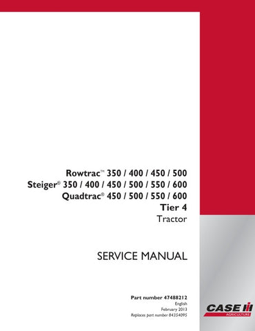 Enhance your maintenance capabilities with the CASE Rowtrac, Steiger, Quadtrac 350-600 Tier 4 Service Manual (PDF File 47488212). This comprehensive guide provides detailed instructions and diagrams, ensuring you have the essential information at your fingertips for efficient servicing and repairs. With easy navigation and clear visuals, you can quickly troubleshoot issues and keep your machinery running smoothly, maximizing productivity on the field. Invest in this invaluable resource to maintain the perfo