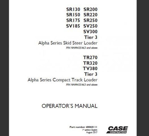 Discover the essential CASE SR130, SR200, SR150, SR220, SR175, SR250, SV185, SV250, SV300 Tier 3 Alpha Series Skid Steer Loader and TR270, TR320, TV380 Tier 3 Alpha Series Compact Track Loader Operator’s Manual in a convenient PDF format. This comprehensive manual is designed to enhance your operational efficiency and ensure you get the most out of your equipment.